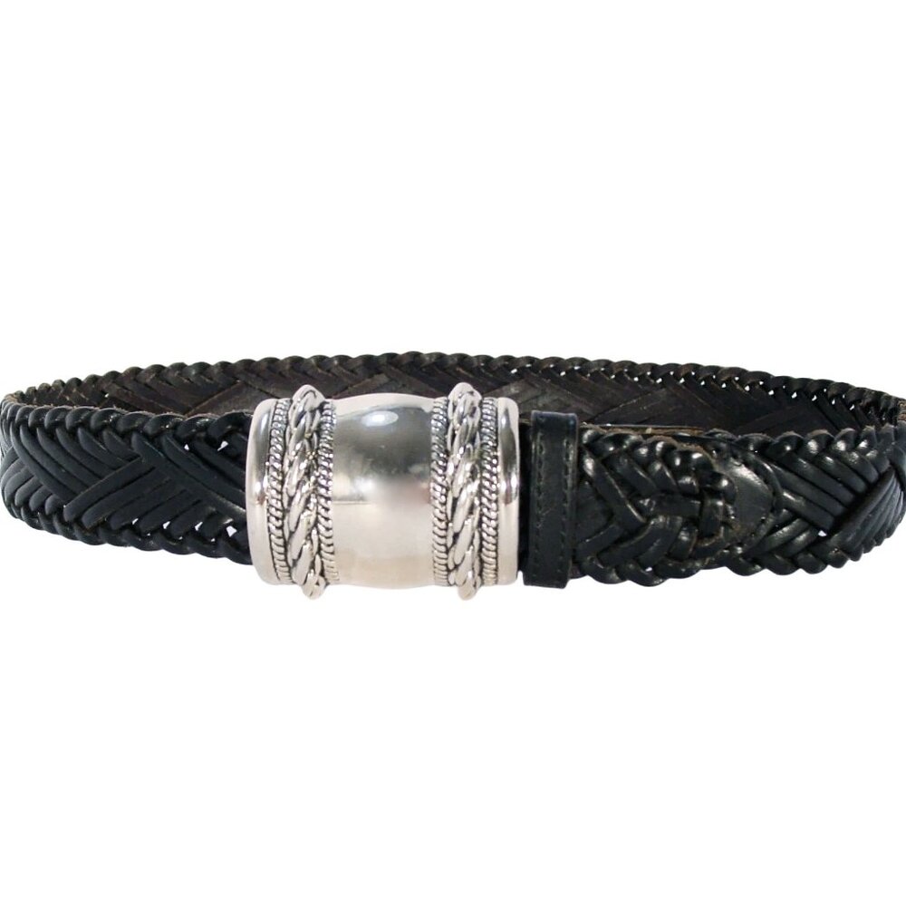 ANN TAYLOR Braided Black Leather Belt Silver Barrel Buckle Women's S - TURKEY - Picture 2 of 5